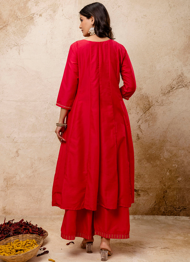 Vellora Silk Blend Red Casual Wear Embroidery Work Readymade Plazzo Suit