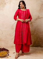 Thumbnail for Vellora Silk Blend Red Casual Wear Embroidery Work Readymade Plazzo Suit