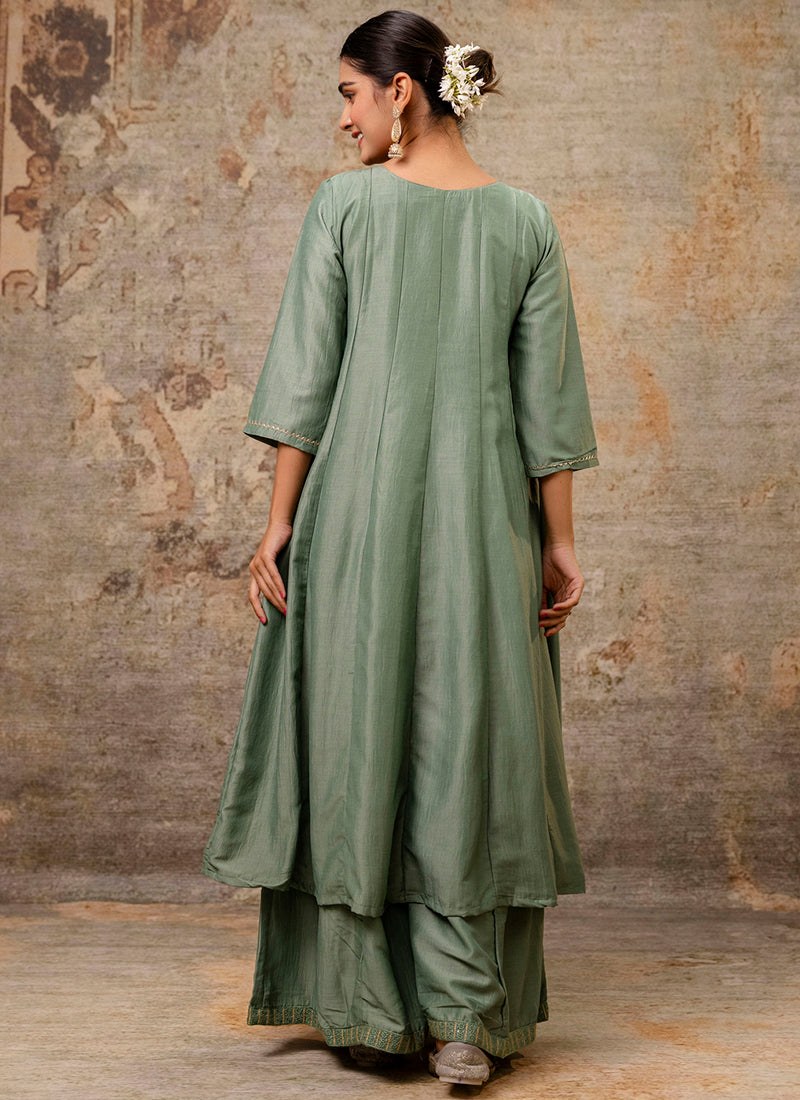 Vellora Silk Blend Sage Green Casual Wear Embroidery Work Readymade Plazzo Suit
