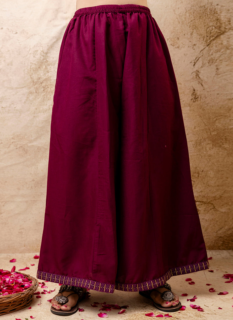 Vellora Silk Blend Wine Casual Wear Embroidery Work Readymade Plazzo Suit