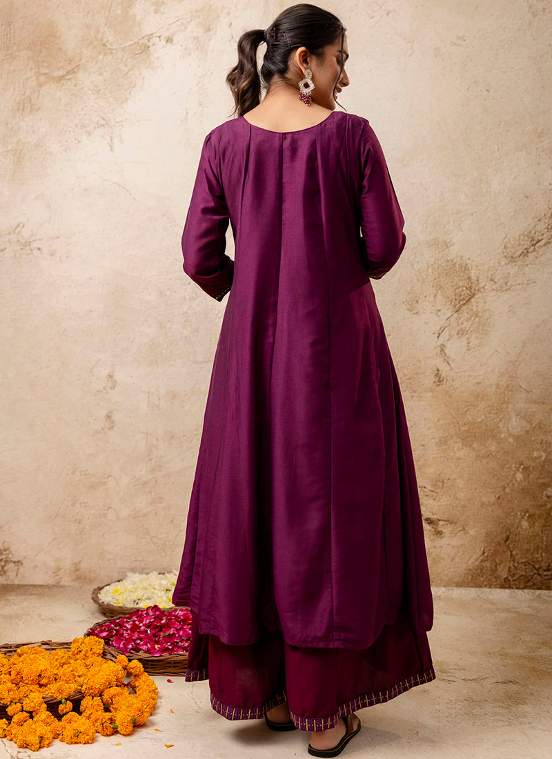 Vellora Silk Blend Wine Casual Wear Embroidery Work Readymade Plazzo Suit