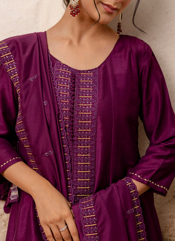Vellora Silk Blend Wine Casual Wear Embroidery Work Readymade Plazzo Suit