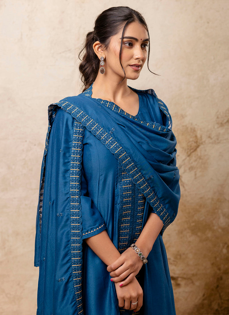 Vellora Silk Blend Navy Blue Casual Wear Embroidery Work Readymade Plazzo Suit