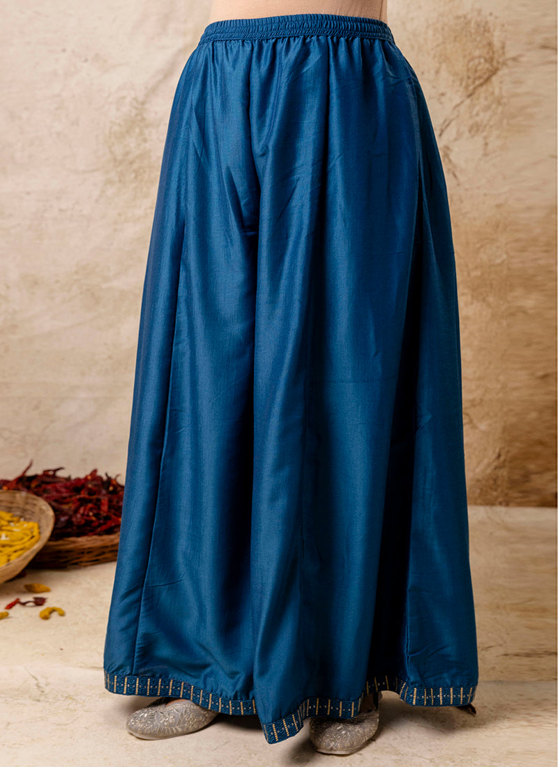 Vellora Silk Blend Navy Blue Casual Wear Embroidery Work Readymade Plazzo Suit