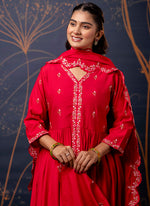 Thumbnail for Vellora Silk Blend Red Designer Wear Embroidery Work Readymade Anarkali Suit