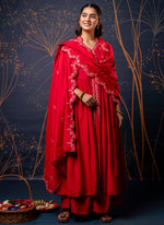 Thumbnail for Vellora Silk Blend Red Designer Wear Embroidery Work Readymade Anarkali Suit