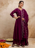 Thumbnail for Vellora Silk Blend Wine Designer Wear Embroidery Work Readymade Anarkali Suit