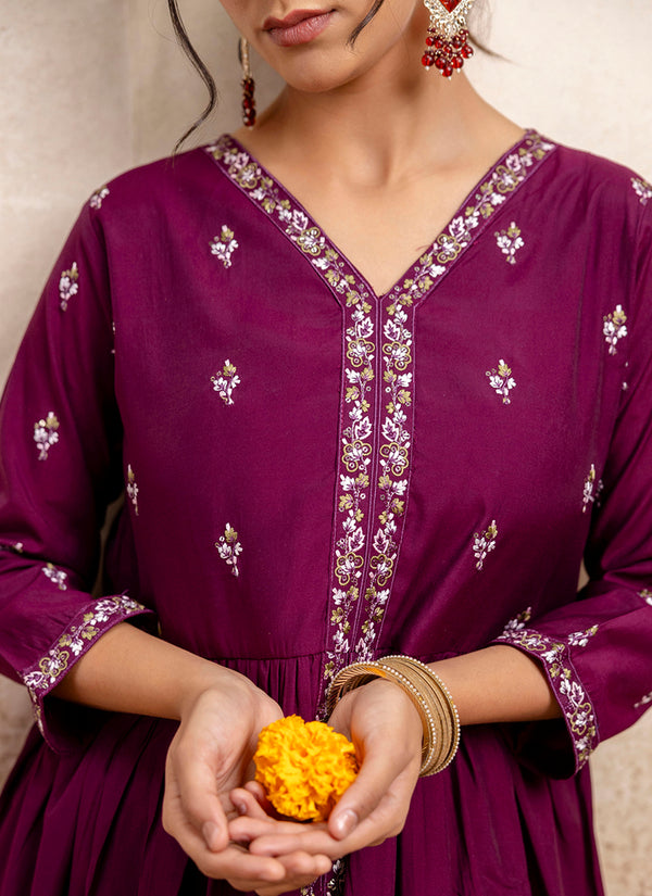 Vellora Silk Blend Wine Designer Wear Embroidery Work Readymade Anarkali Suit