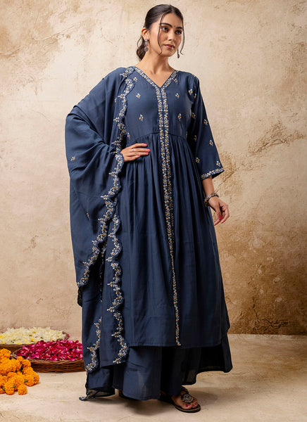 Vellora Silk Blend Teal Designer Wear Embroidery Work Readymade Anarkali Suit