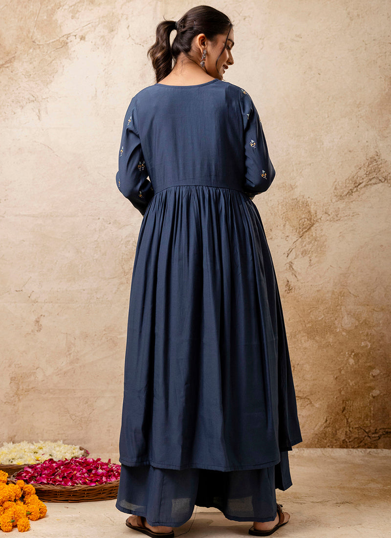 Vellora Silk Blend Teal Designer Wear Embroidery Work Readymade Anarkali Suit