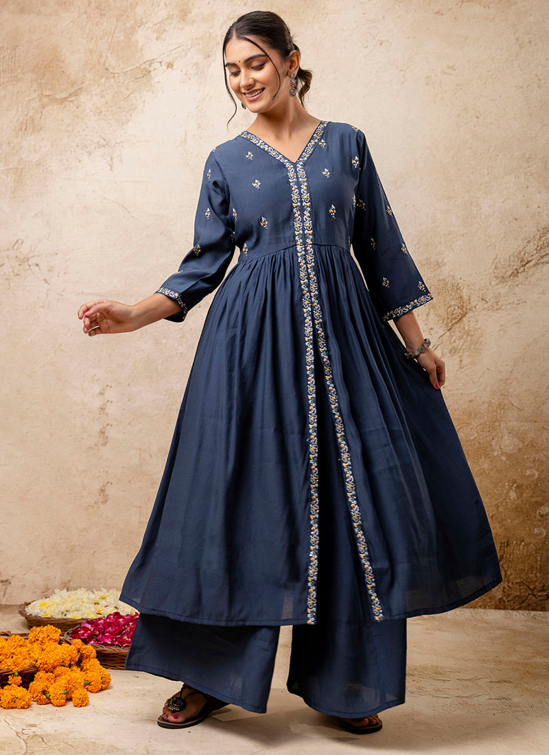 Vellora Silk Blend Teal Designer Wear Embroidery Work Readymade Anarkali Suit