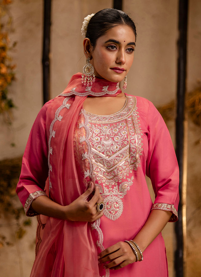 Vellora Silk Blend Pink Party Wear Embroidery Work Readymade Salwar Suit