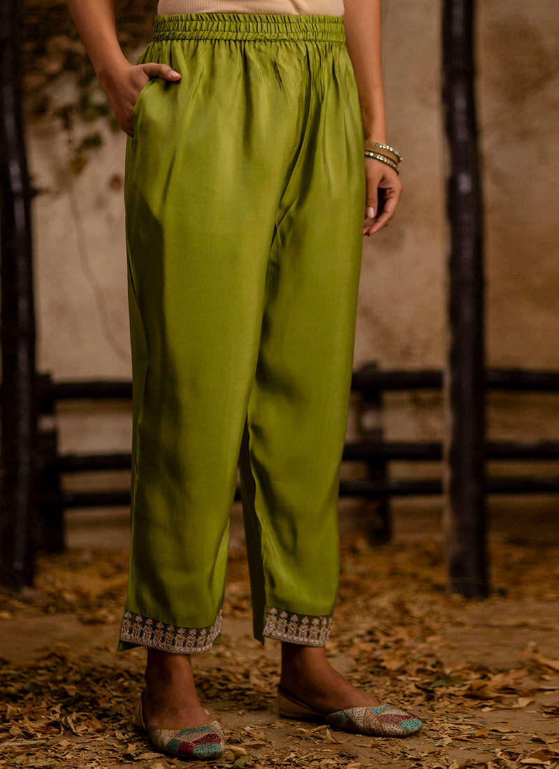 Vellora Silk Blend Olive Green Party Wear Embroidery Work Readymade Salwar Suit