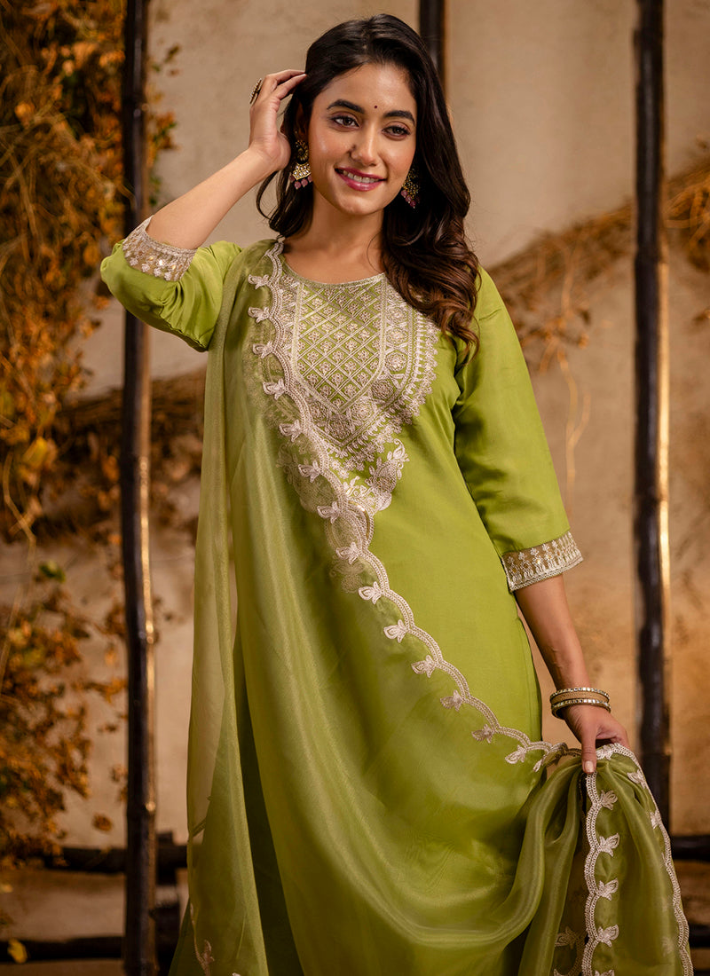 Vellora Silk Blend Olive Green Party Wear Embroidery Work Readymade Salwar Suit