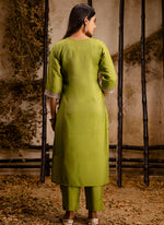Thumbnail for Vellora Silk Blend Olive Green Party Wear Embroidery Work Readymade Salwar Suit