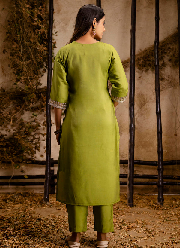 Vellora Silk Blend Olive Green Party Wear Embroidery Work Readymade Salwar Suit