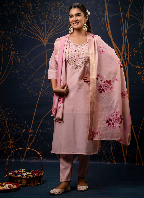 Vellora Shimmer Silk Red Casual Wear Hand Work Readymade Salwar Suit