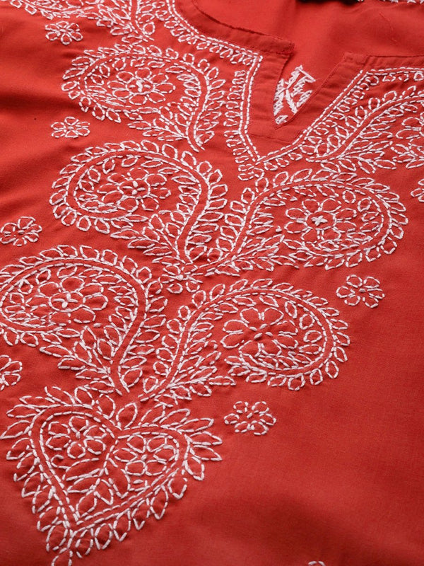 ADA Women Plus Size Red & White Ethnic Motifs Pure Cotton Chikankari Embroidered Kurta - Distacart