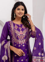 Thumbnail for Vellora Jacquard Silk Royal Blue Party Wear Embroidery Work Readymade Salwar Suit