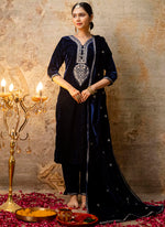Thumbnail for Vellora Velvet Blue Party Wear Embroidery Work Readymade Salwar Suit