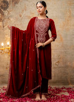 Thumbnail for Vellora Velvet Maroon Party Wear Embroidery Work Readymade Salwar Suit