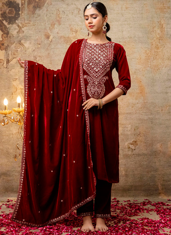 Vellora Velvet Maroon Party Wear Embroidery Work Readymade Salwar Suit