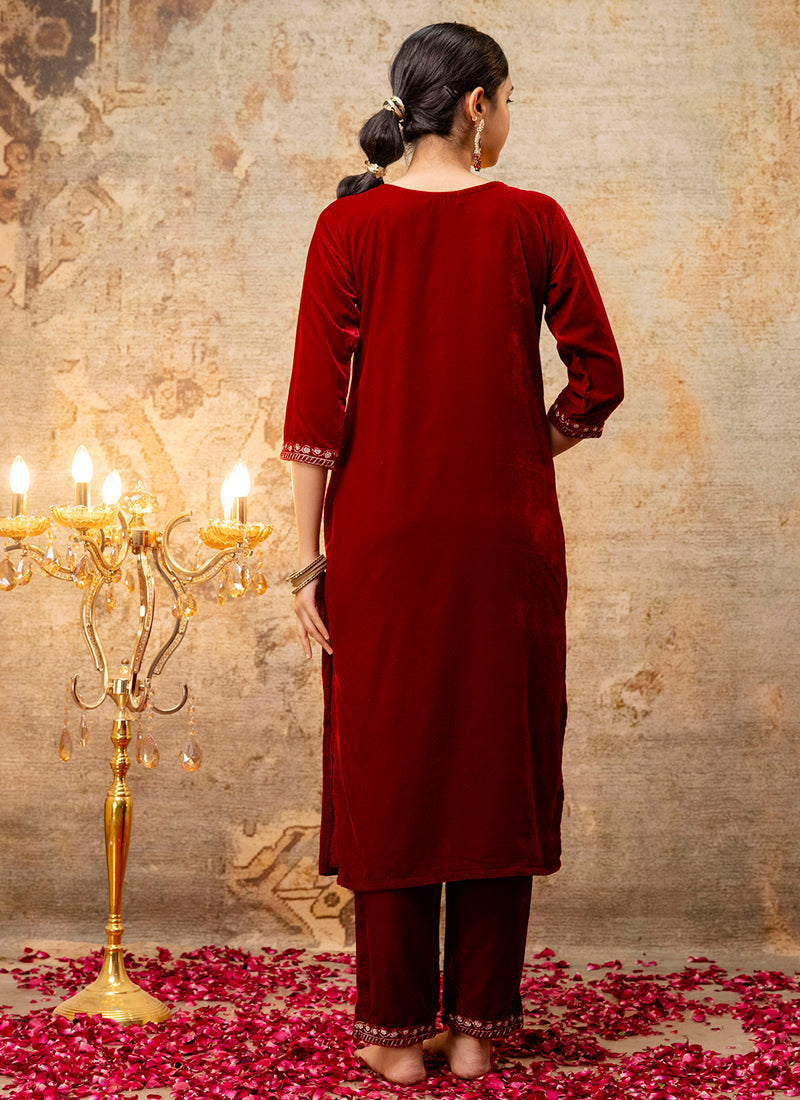 Vellora Velvet Maroon Party Wear Embroidery Work Readymade Salwar Suit