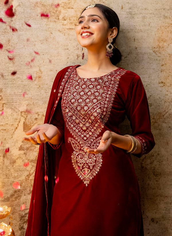 Vellora Velvet Maroon Party Wear Embroidery Work Readymade Salwar Suit