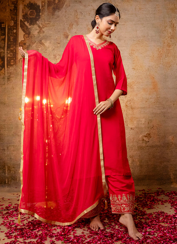 Vellora Silk Blend Bright Red Party Wear Embroidery Work Readymade Salwar Suit