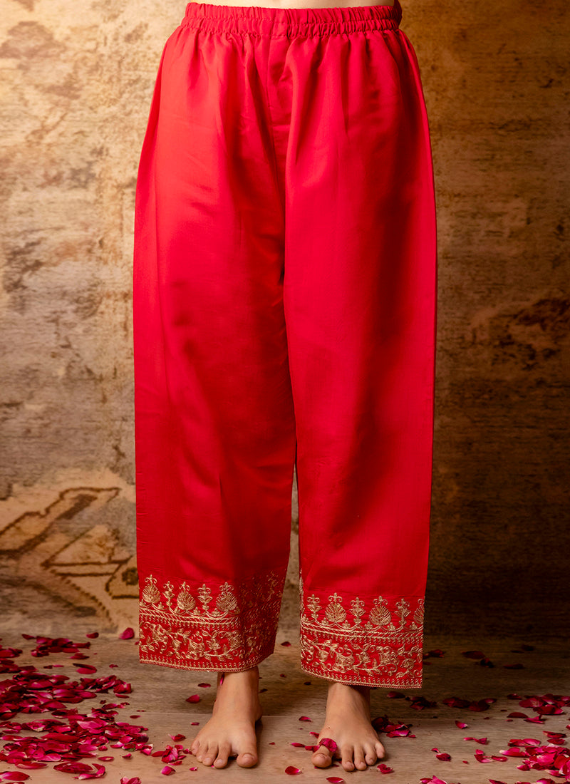 Vellora Silk Blend Bright Red Party Wear Embroidery Work Readymade Salwar Suit