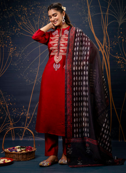 Vellora Cotton Silk Blend Maroon Party Wear Embroidery Work Readymade Salwar Suit