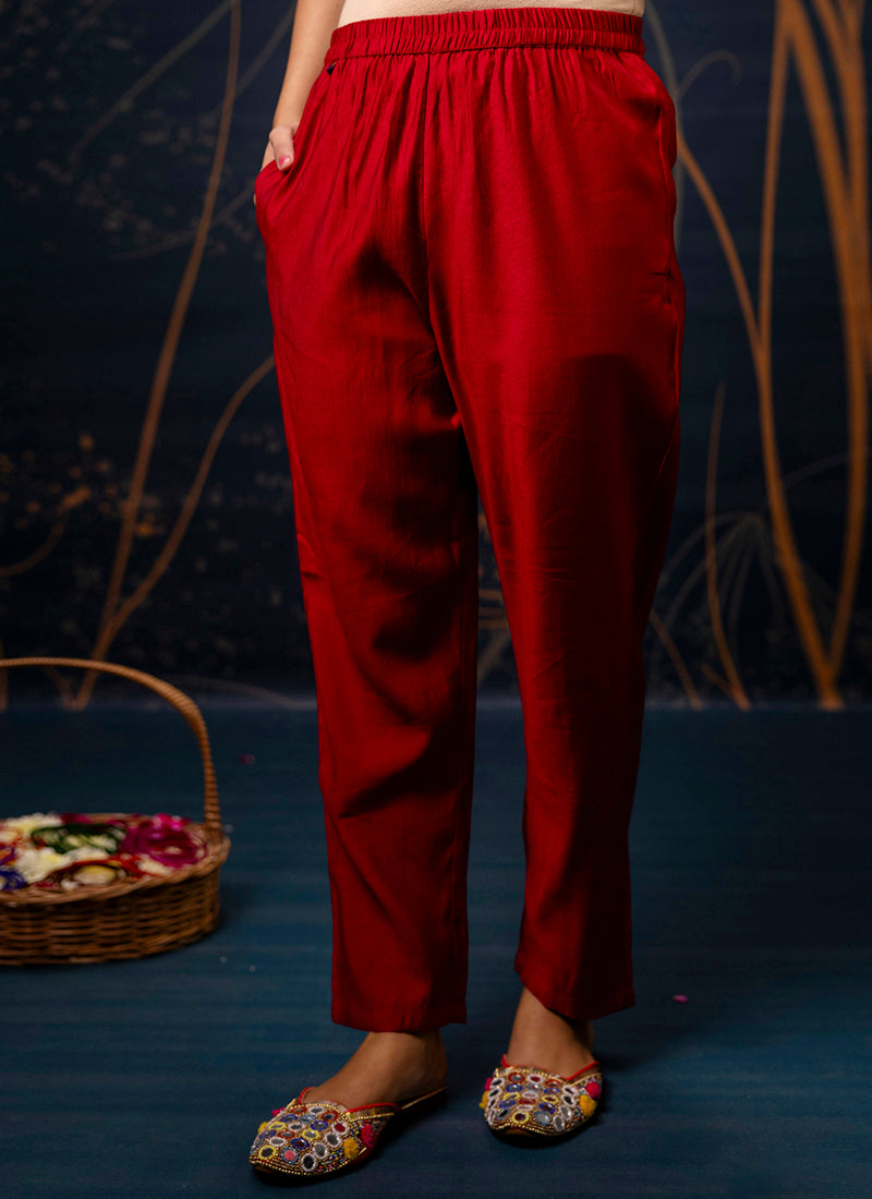 Vellora Cotton Silk Blend Maroon Party Wear Embroidery Work Readymade Salwar Suit