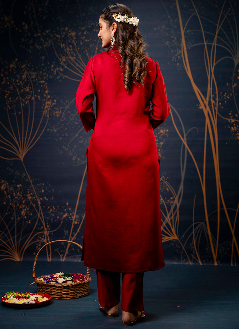 Vellora Cotton Silk Blend Maroon Party Wear Embroidery Work Readymade Salwar Suit