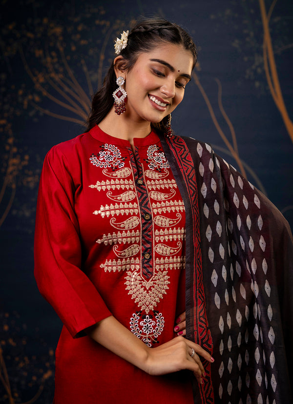 Vellora Cotton Silk Blend Maroon Party Wear Embroidery Work Readymade Salwar Suit