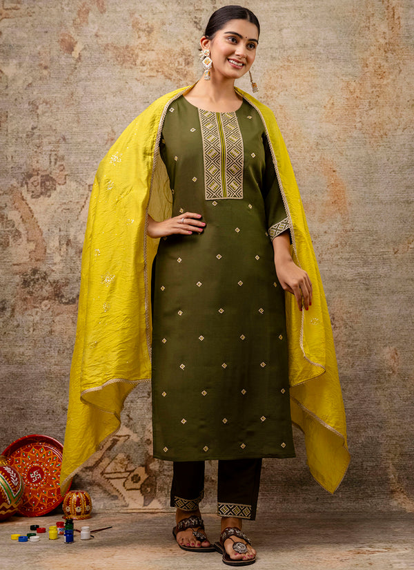 Vellora Silk Blend Mehendi Party Wear Embroidery Work Readymade Salwar Suit