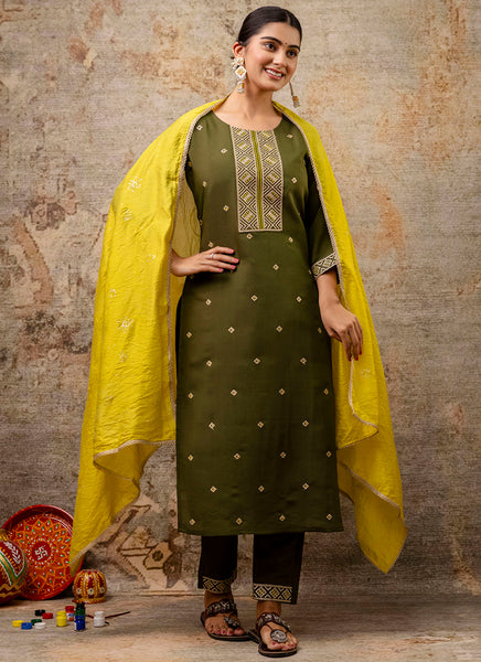 Vellora Silk Blend Mehendi Party Wear Embroidery Work Readymade Salwar Suit