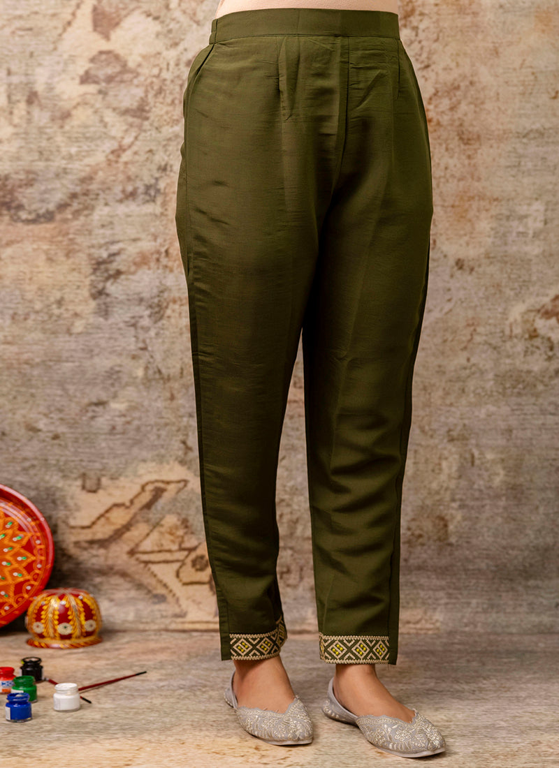 Vellora Silk Blend Mehendi Party Wear Embroidery Work Readymade Salwar Suit