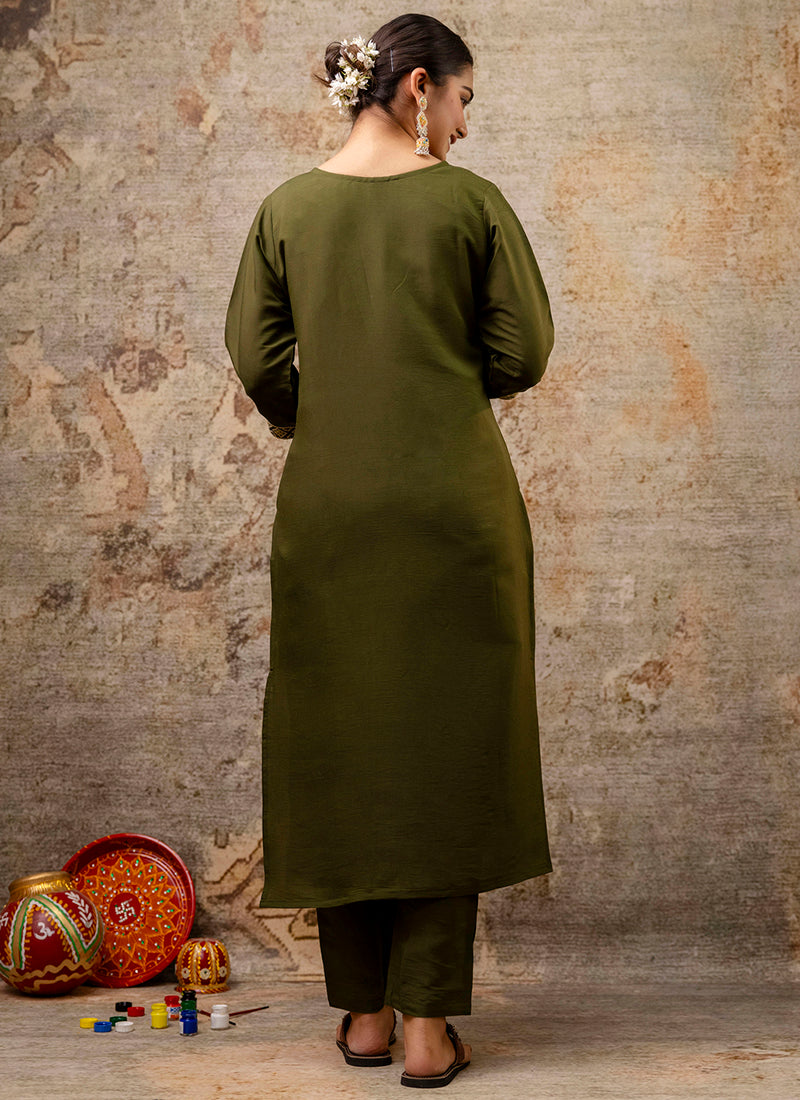 Vellora Silk Blend Mehendi Party Wear Embroidery Work Readymade Salwar Suit