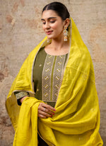 Thumbnail for Vellora Silk Blend Mehendi Party Wear Embroidery Work Readymade Salwar Suit