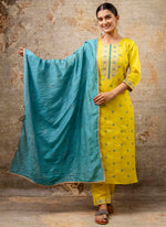 Thumbnail for Vellora Silk Blend Yellow Party Wear Embroidery Work Readymade Salwar Suit