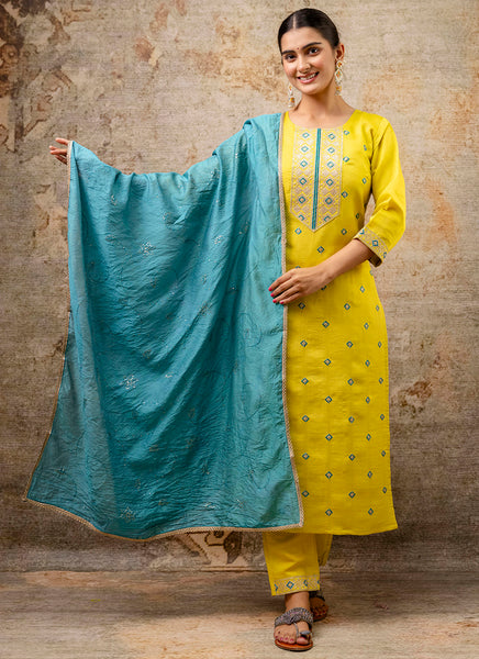 Vellora Silk Blend Yellow Party Wear Embroidery Work Readymade Salwar Suit