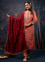 Thumbnail for Vellora Silk Blend Peach Party Wear Embroidery Work Readymade Salwar Suit