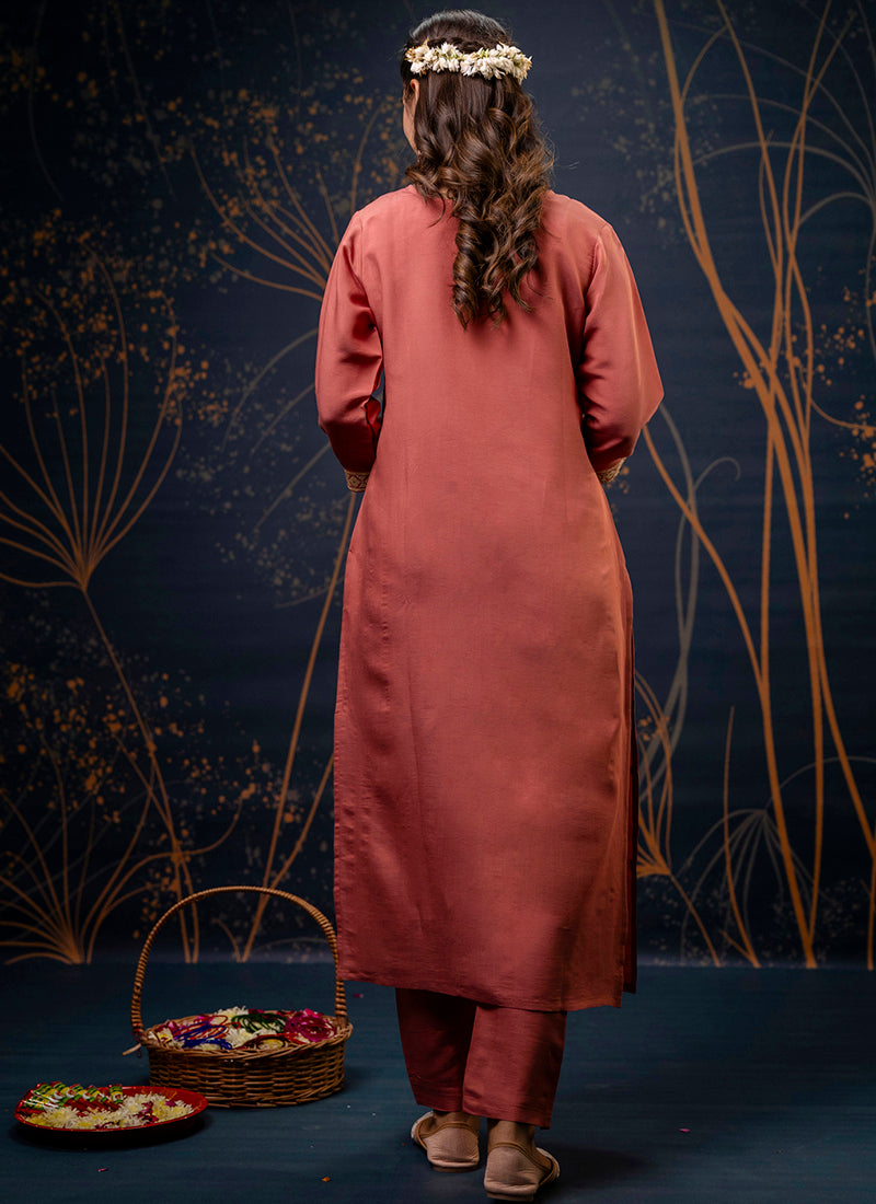 Vellora Silk Blend Peach Party Wear Embroidery Work Readymade Salwar Suit