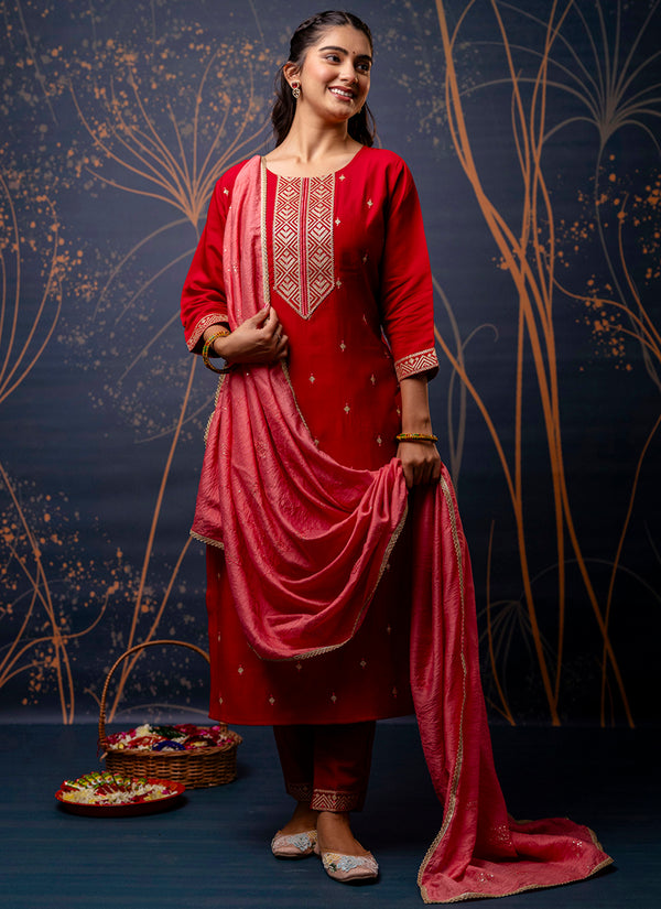 Vellora Silk Blend Red Party Wear Embroidery Work Readymade Salwar Suit