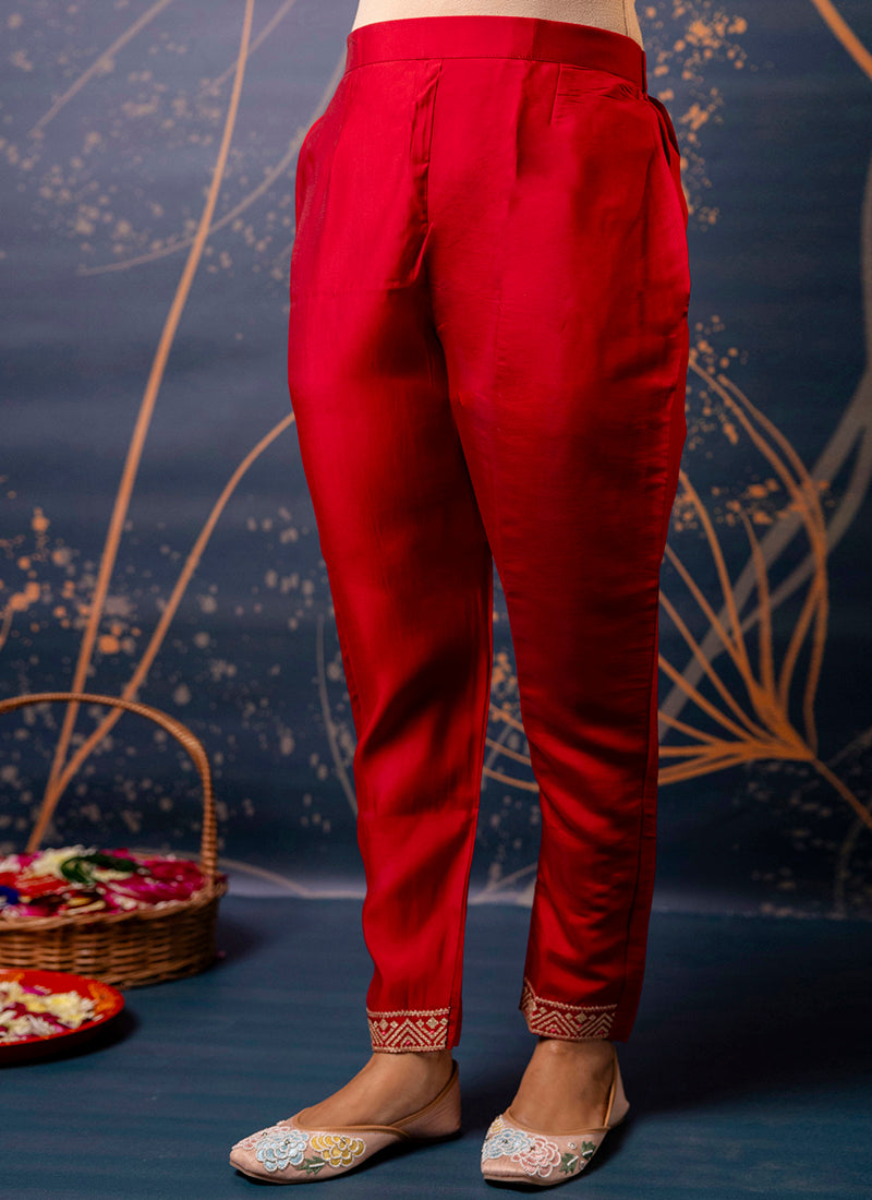 Vellora Silk Blend Red Party Wear Embroidery Work Readymade Salwar Suit