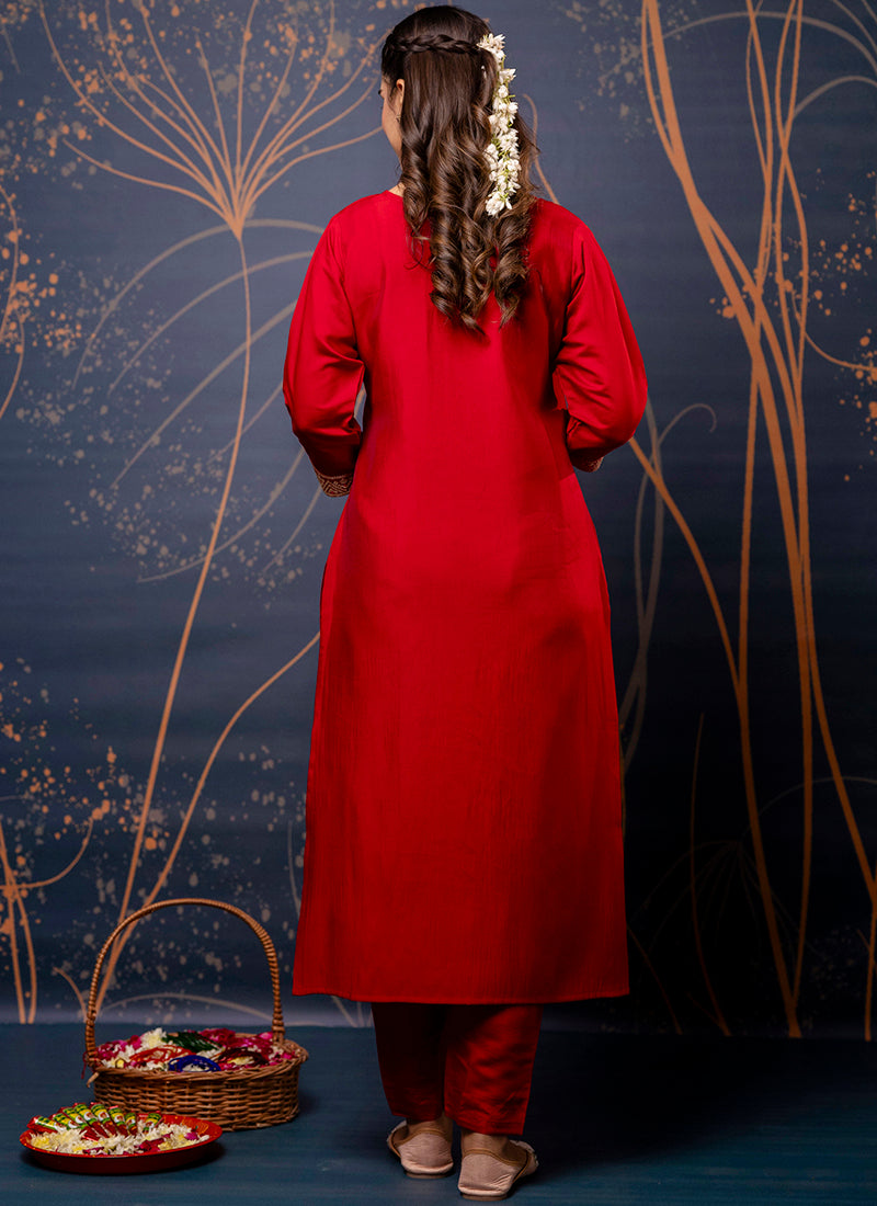 Vellora Silk Blend Red Party Wear Embroidery Work Readymade Salwar Suit