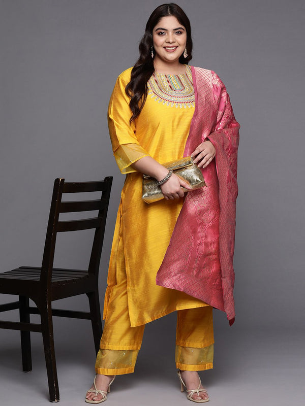 Sztori Plus Size Ethnic Motifs Embroidered Regular Kurta & Palazzos With Dupatta - Distacart