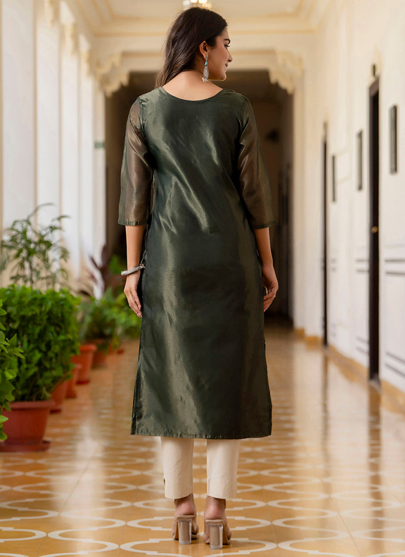 Vellora Shimmer Silk Bottle Green Casual Wear Embroidery Work Readymade Kurti