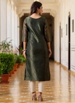 Thumbnail for Vellora Shimmer Silk Bottle Green Casual Wear Embroidery Work Readymade Kurti