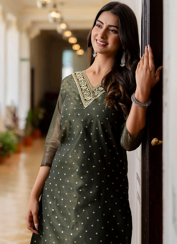 Vellora Shimmer Silk Bottle Green Casual Wear Embroidery Work Readymade Kurti